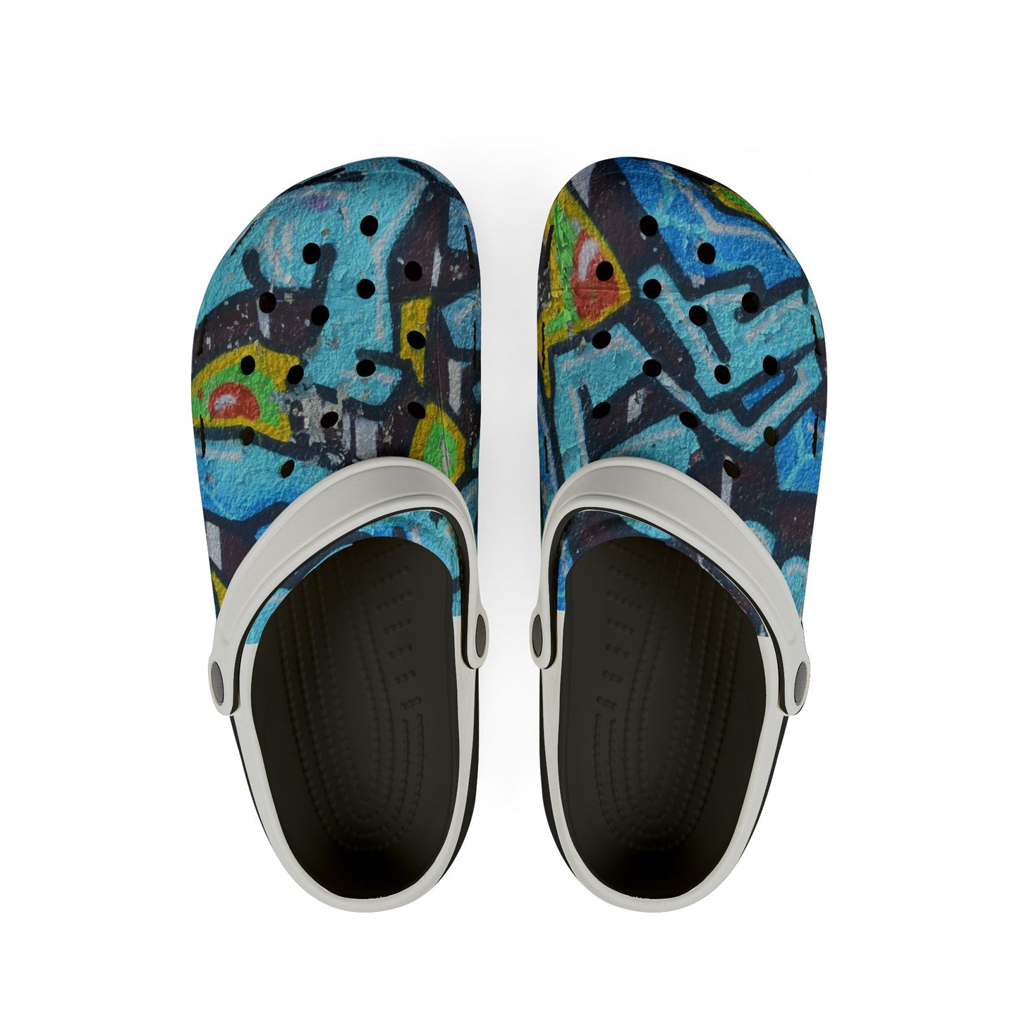 Graffiti Painted Cityscape EVA Clogs — Artistic Blue Graphic Foam Slip‑Ons