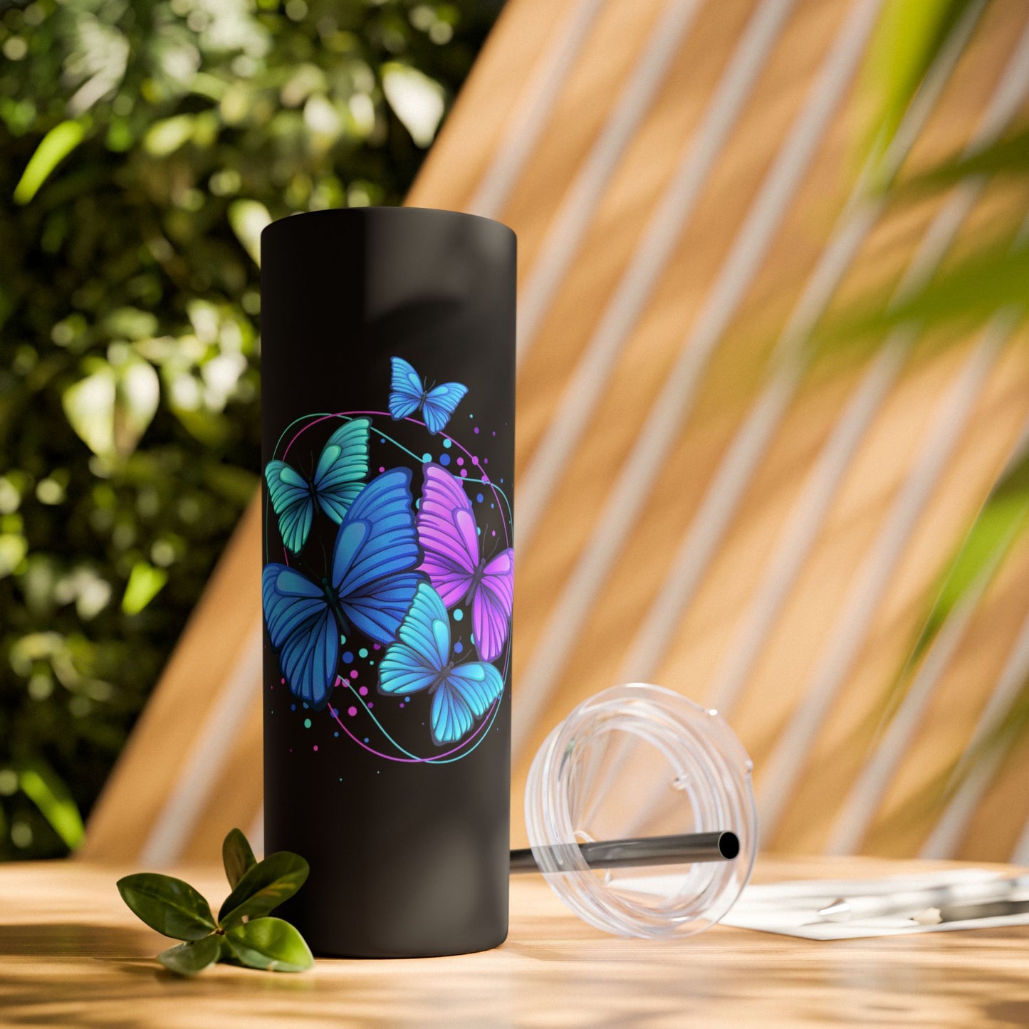 Butterfly Design Skinny Tumbler with Straw - 20oz Travel Mug