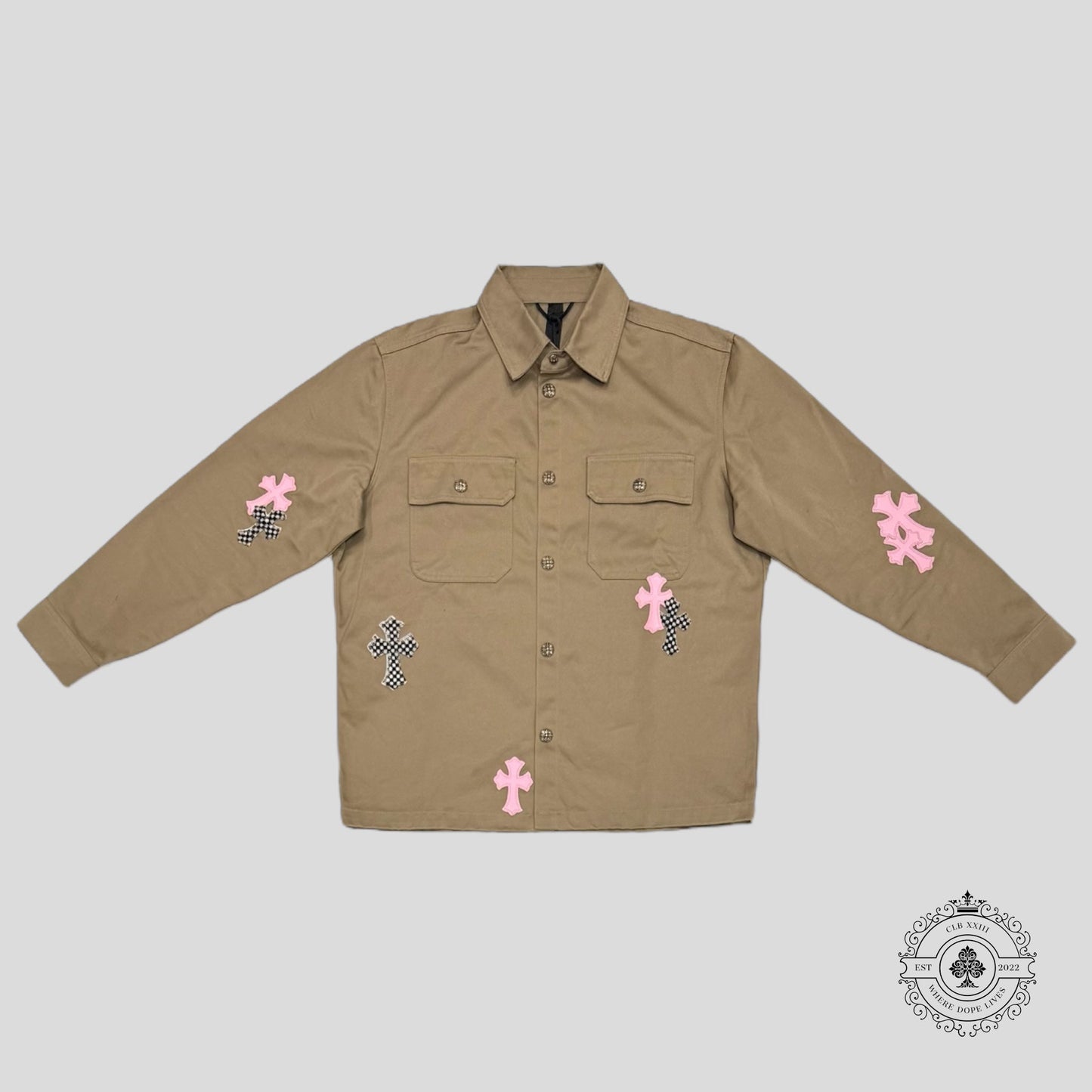 Chrome Hearts Cross Patch Work Dog Shirt in Tan/Pink