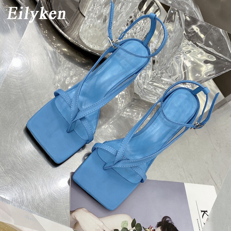 Fashion Ankle Buckle Strap Women Sandals Sexy Summer Square Head Clip Toes Flip Flops Thin High Heels Ladies Party shoes