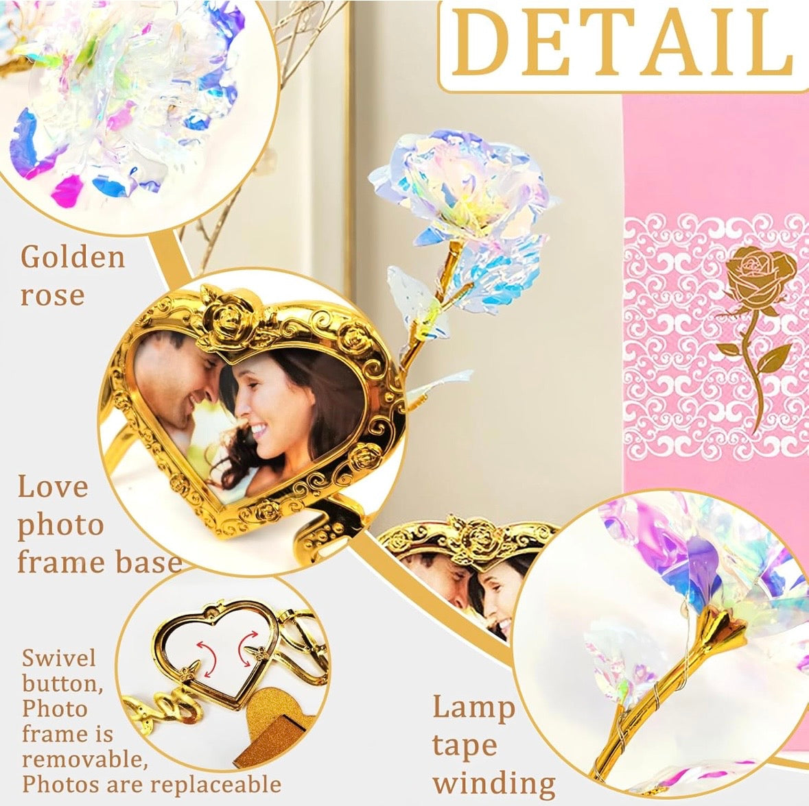 24K Gold Rose Gift For Her with Love Picture Frame Stand, Artificial Rose Flowers Gift