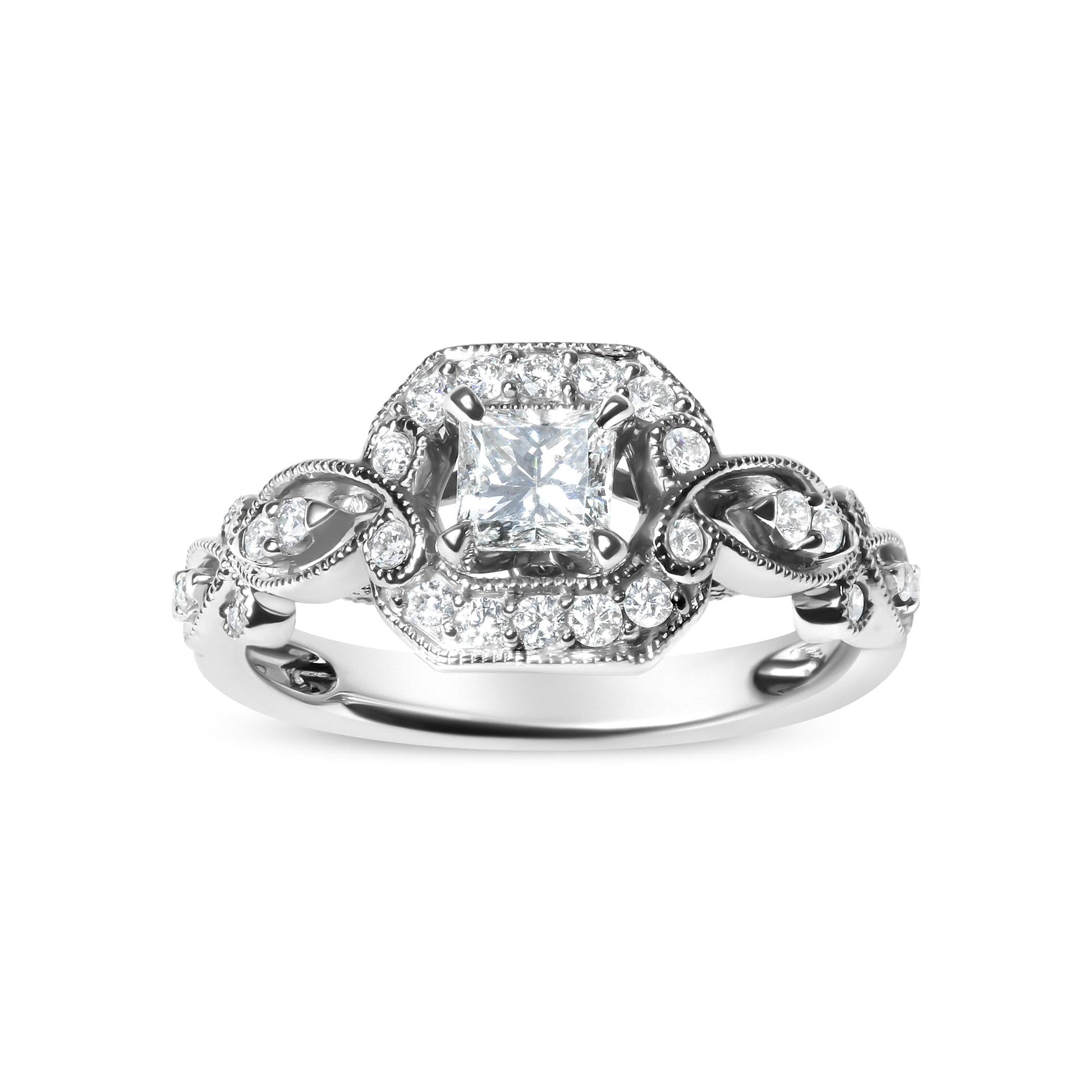 14K White Gold Diamond 3/4 Cttw Diamond Halo Style and Woven Shank Engagement Ring (G-H Color, VS2-SI1 Clarity) - Size 7-1