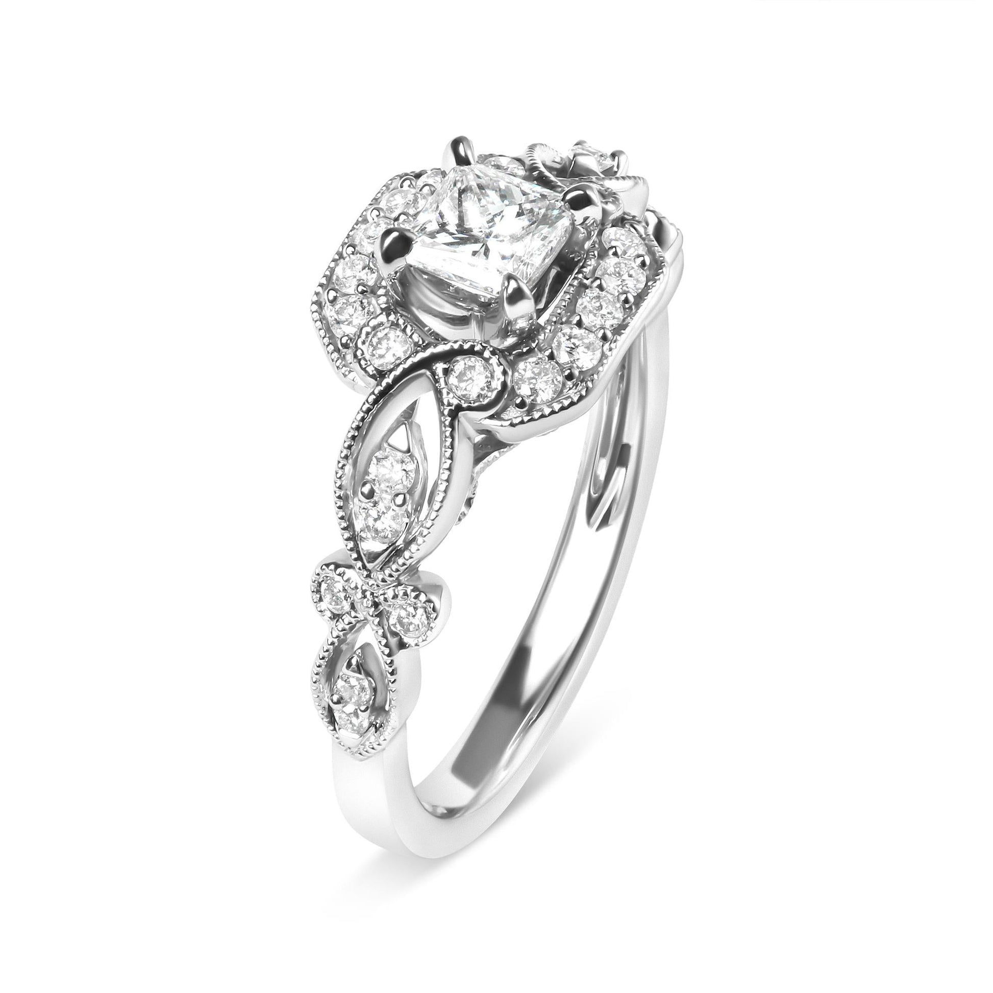 14K White Gold Diamond 3/4 Cttw Diamond Halo Style and Woven Shank Engagement Ring (G-H Color, VS2-SI1 Clarity) - Size 7-3