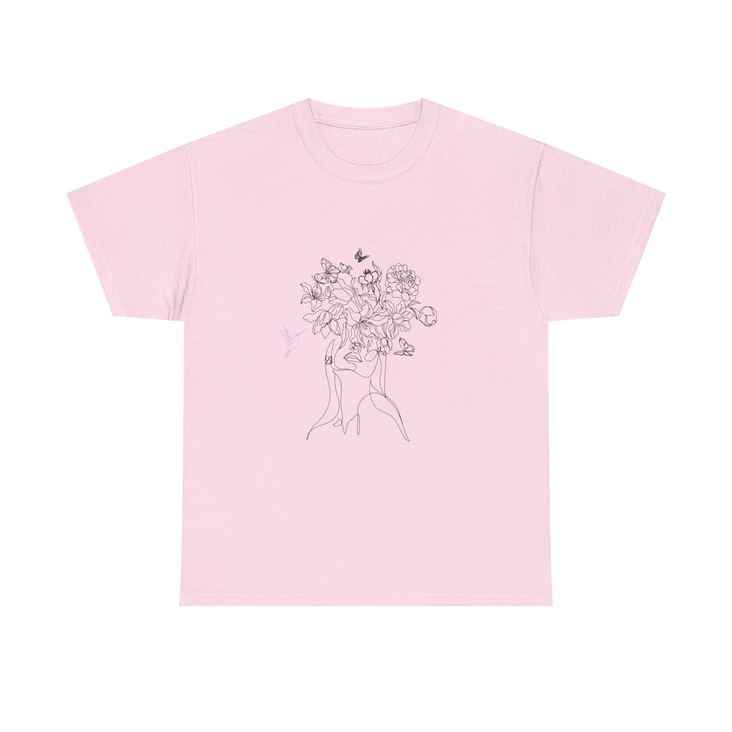 Floral Art Sketch Woman Flowers Hummingbird Unisex Heavy Cotton Tee - Beautiful Gift for Her, Everyday Comfort, Spring Style, Unique Graphic Shirt