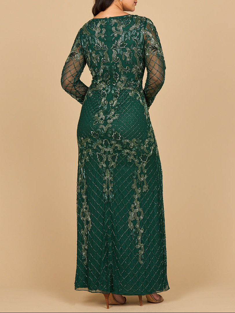 Lara 28877-  Long Sleeve Contrast Beaded Gown