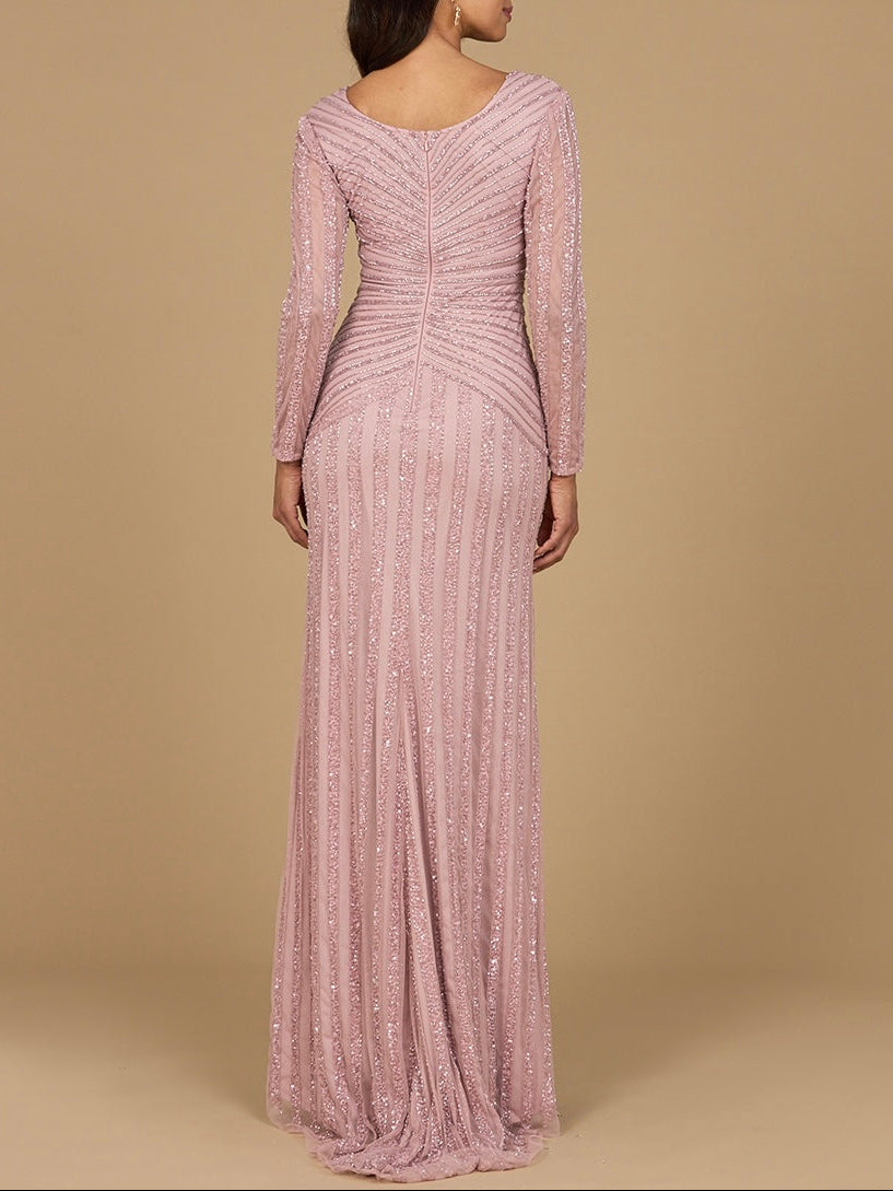 Long Sleeve Linear Beaded Gown