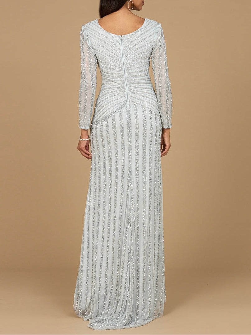 Long Sleeve Linear Beaded Gown