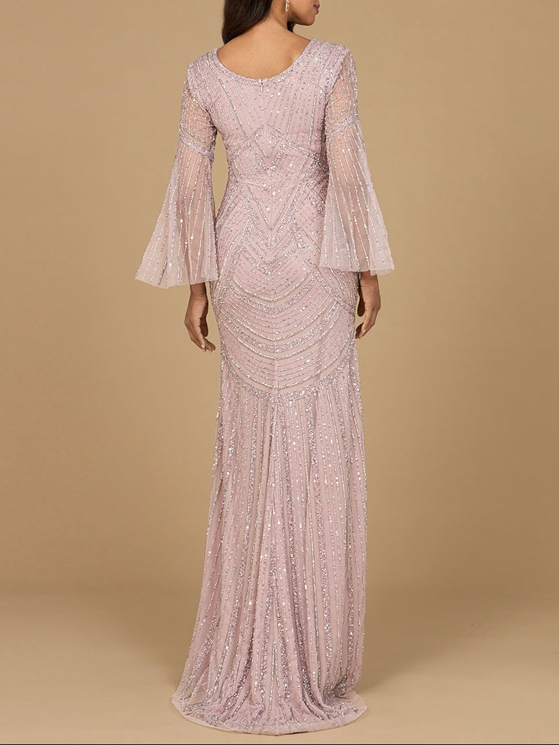Long Sleeve Beaded Gown with Trumpet Sleeves