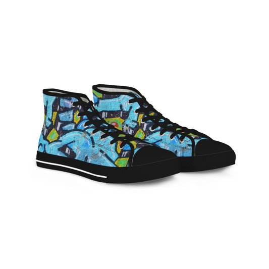 Blue Graffiti High-Top Sneakers — Urban Street Art Men's Shoes