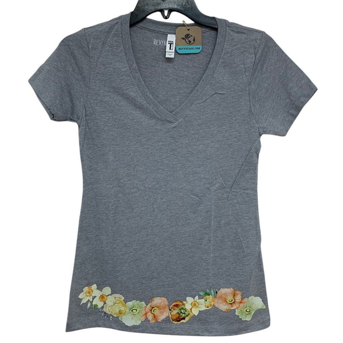 New Hand Printed Small Heathered Gray Floral Wrap Around Short Sleeve Tee Shirt