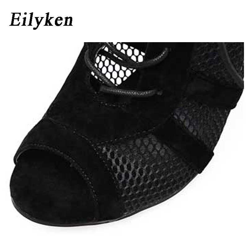 Fashion Black Net Fabric Cross-tied Sandals 2021 Summer Lace Up Peep Toe High Heels Ankle Strap Hollow Out Woman Shoes