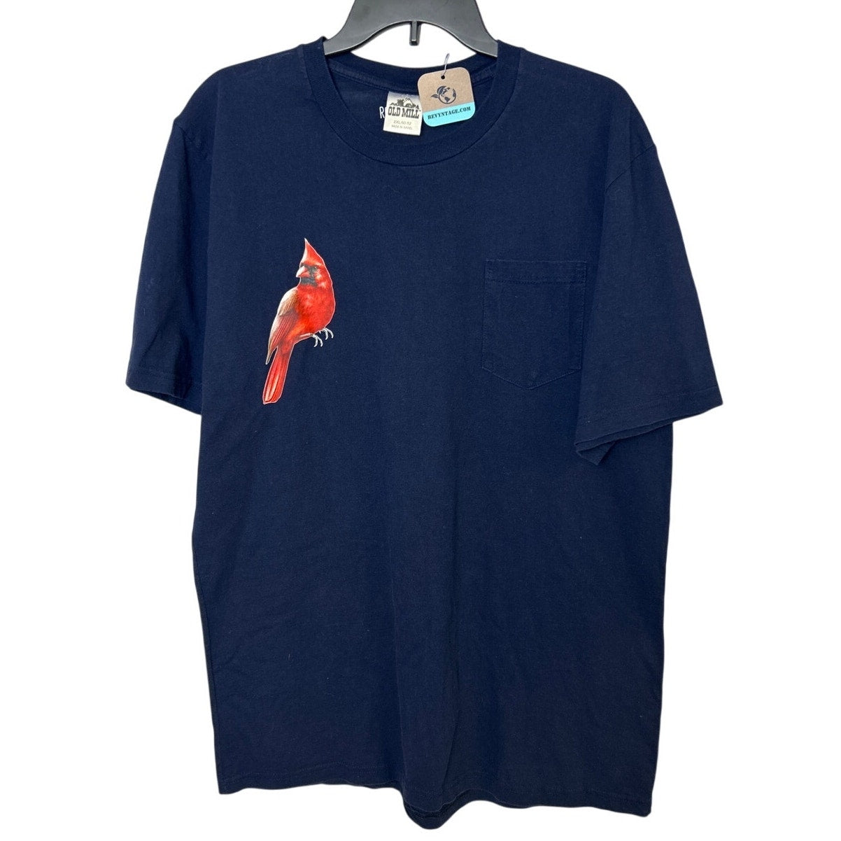 Upcycled Hand Printed Womens 2XL Red Cardinal Bird Navy Short Sleeve Tee Shirt