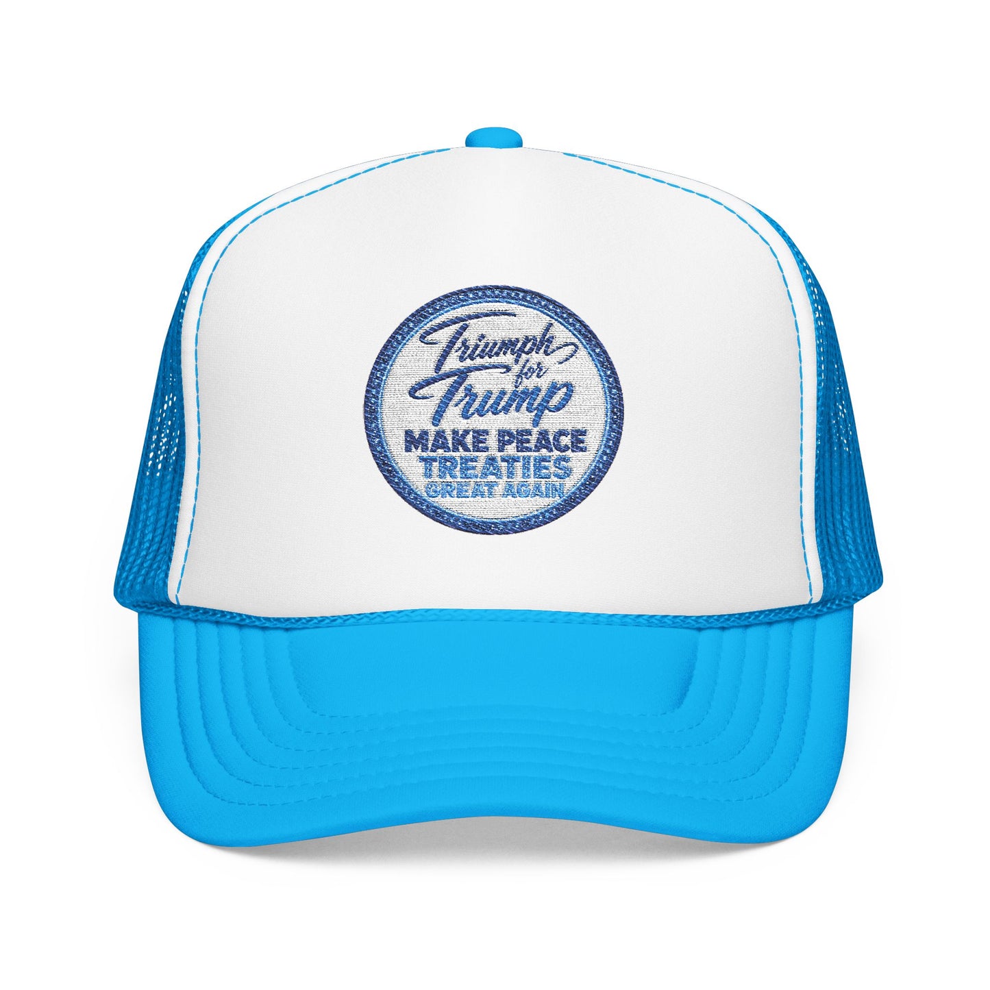 Blue and white cap with a circular logo and text on a white background blue and white unisex foam trucker cap with vintage embroidered "Triumph for Trump – Make Peace Treaties Great Again" political patch.