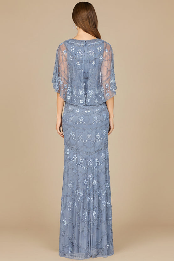 High Neck, Cape Sleeve Beaded Gown  - OUTLET