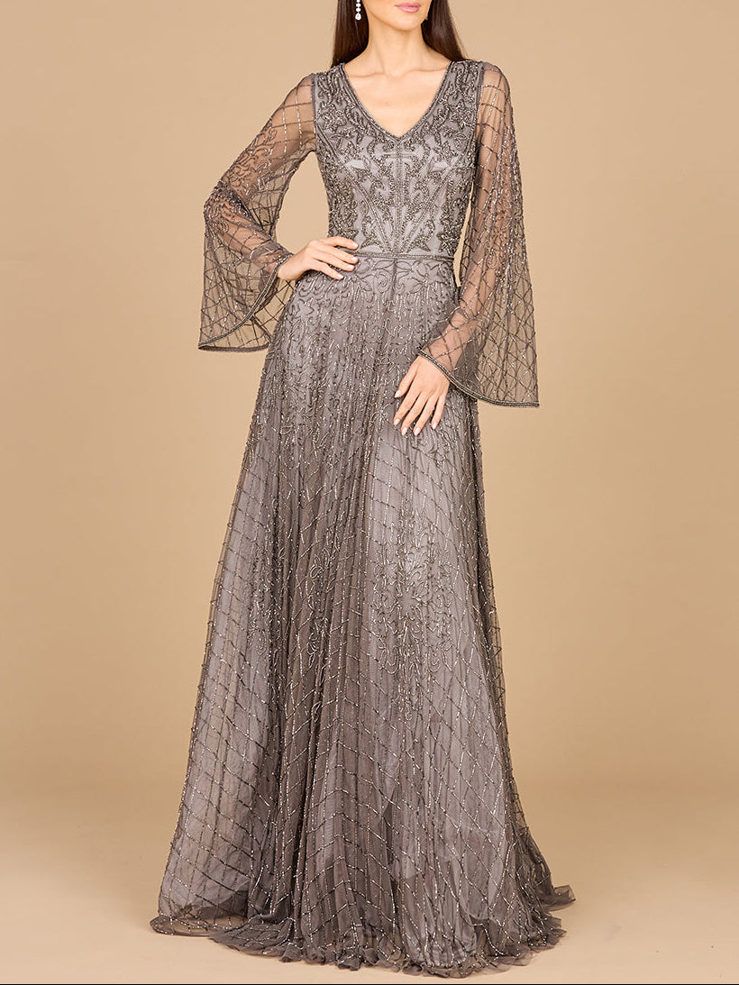 Beaded Long Dress with Flare Sleeves
