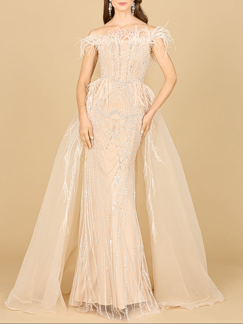 Off Shoulder Gown with Feathers