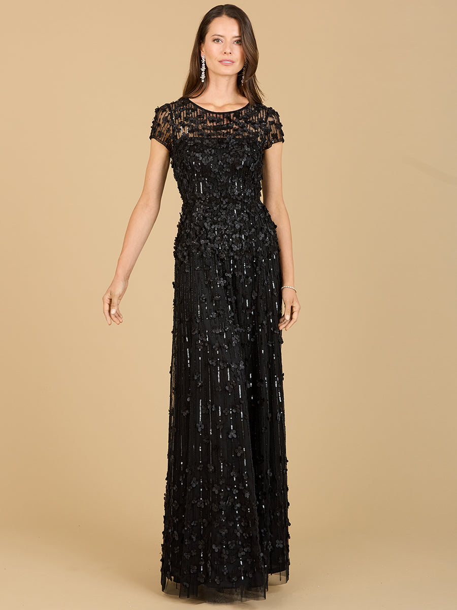 3D Floral Embellished Cap Sleeve Gown | 29181