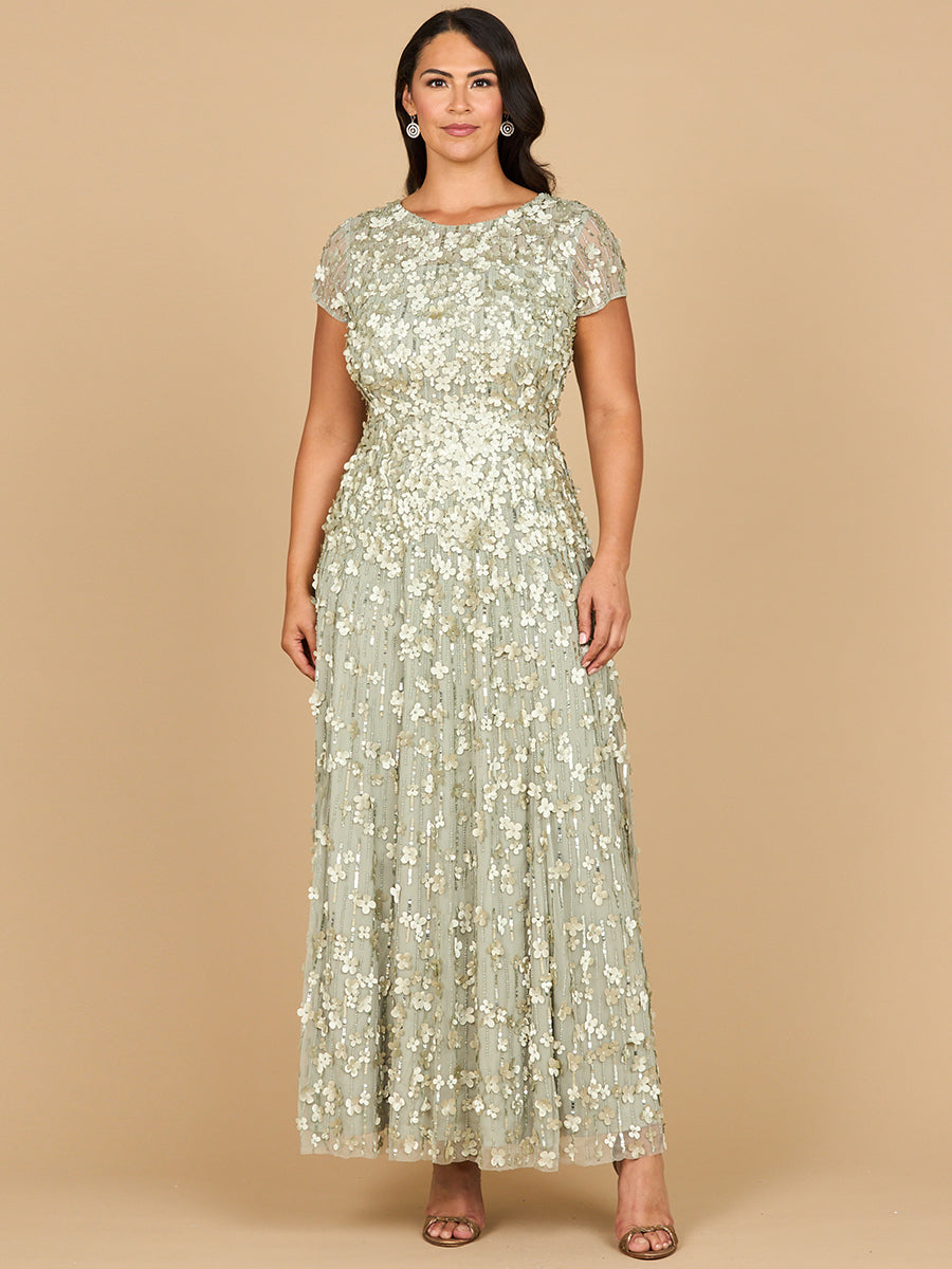 3D Floral Embellished Cap Sleeve Gown | 29181