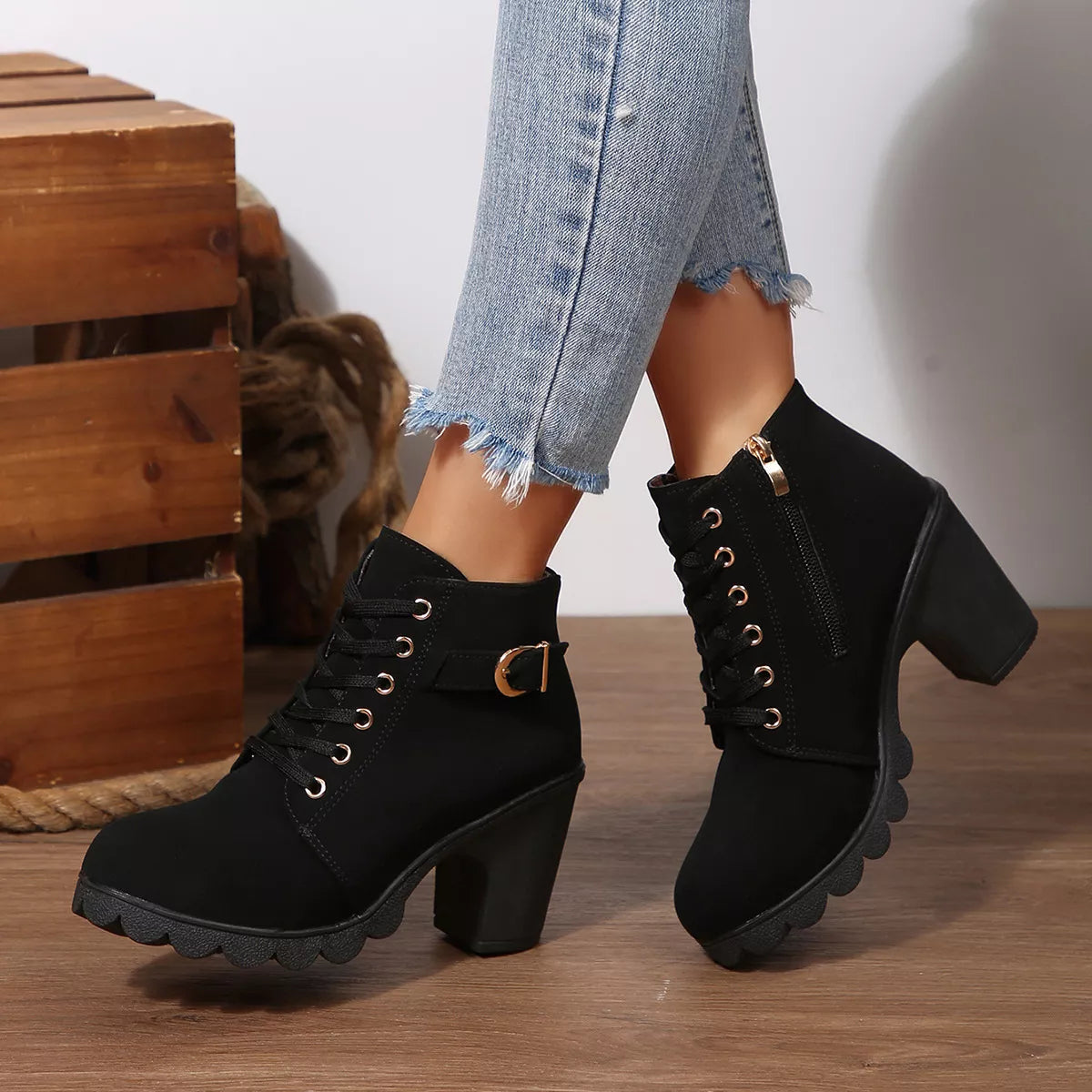 Lace Up Block Heels Boots