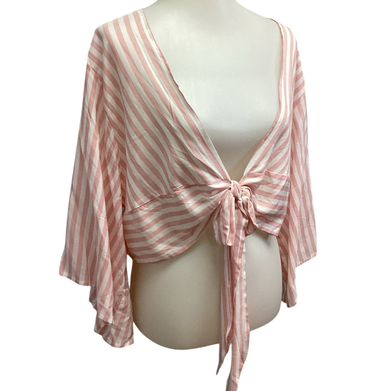 Cute Womens Medium Striped Long Flowy Sleeve 100% Viscose Front Tie Blouse Top