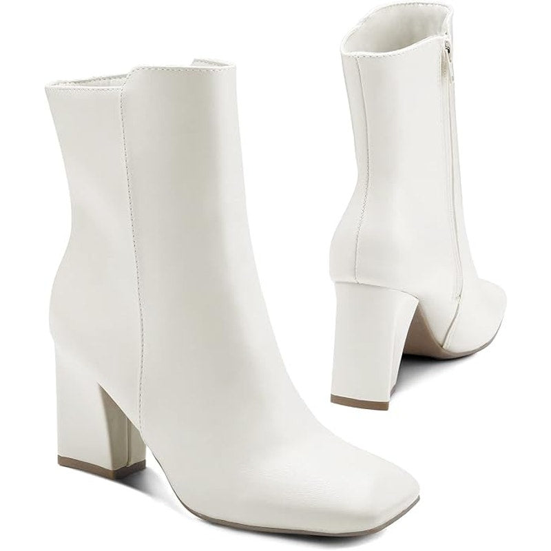 New Mysoft Womens Size 8 White Faux Leather 3" Block Heel Zip Ankle Boots w Flaw