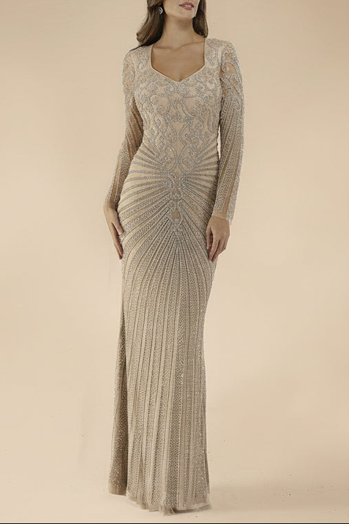 Lara 29602 - V Neck Beaded Long Sleeve Dress