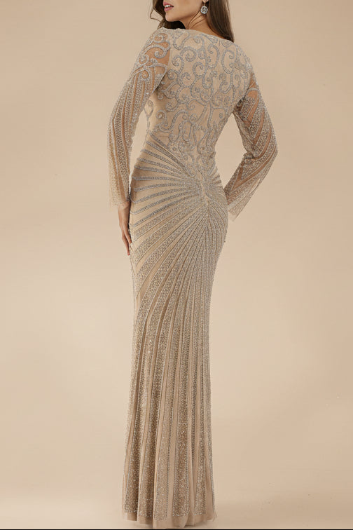 Lara 29602 - V Neck Beaded Long Sleeve Dress