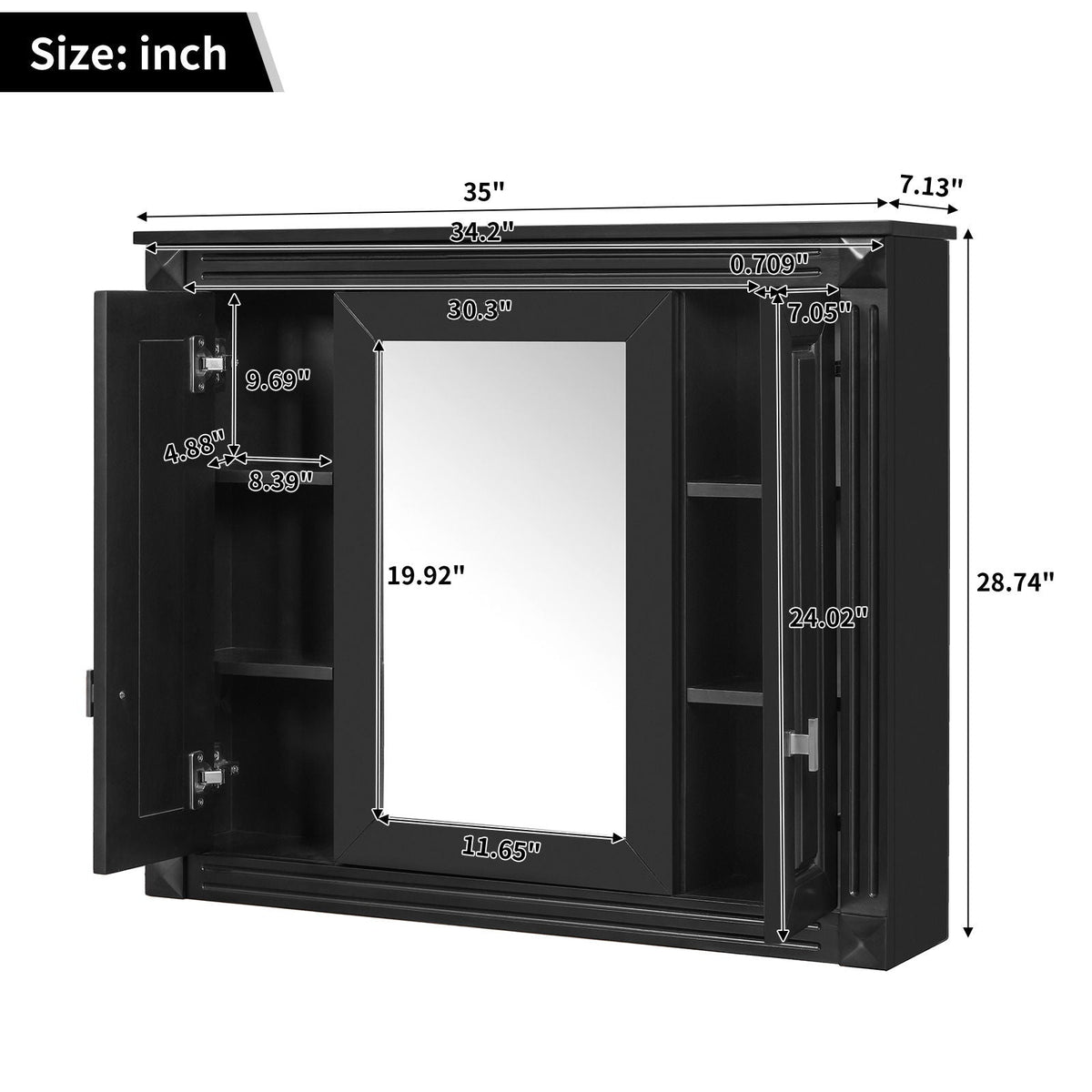 Wall Mounted Bathroom Cabinet With Mirror And 5 Shelves, Rectangular Design