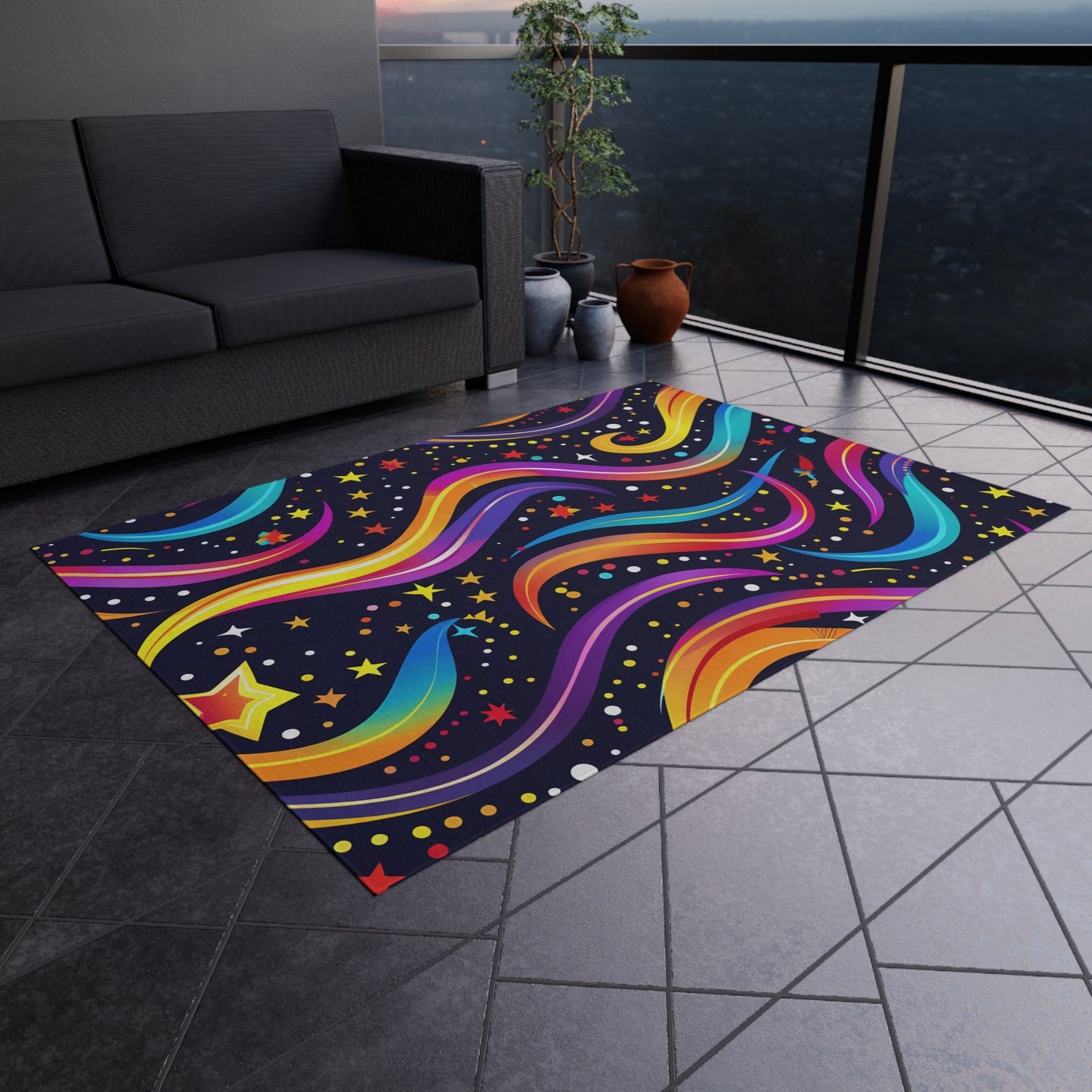 Colorful Shooting Stars Rainbow Wave outdoor rug for EDM rave festivals