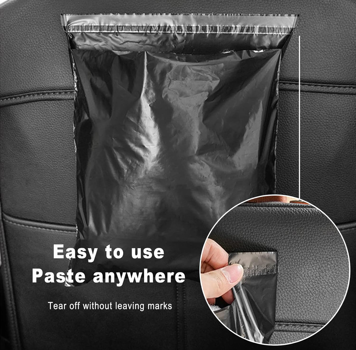 Black adhesive patch on a car seat with text indicating ease of use.