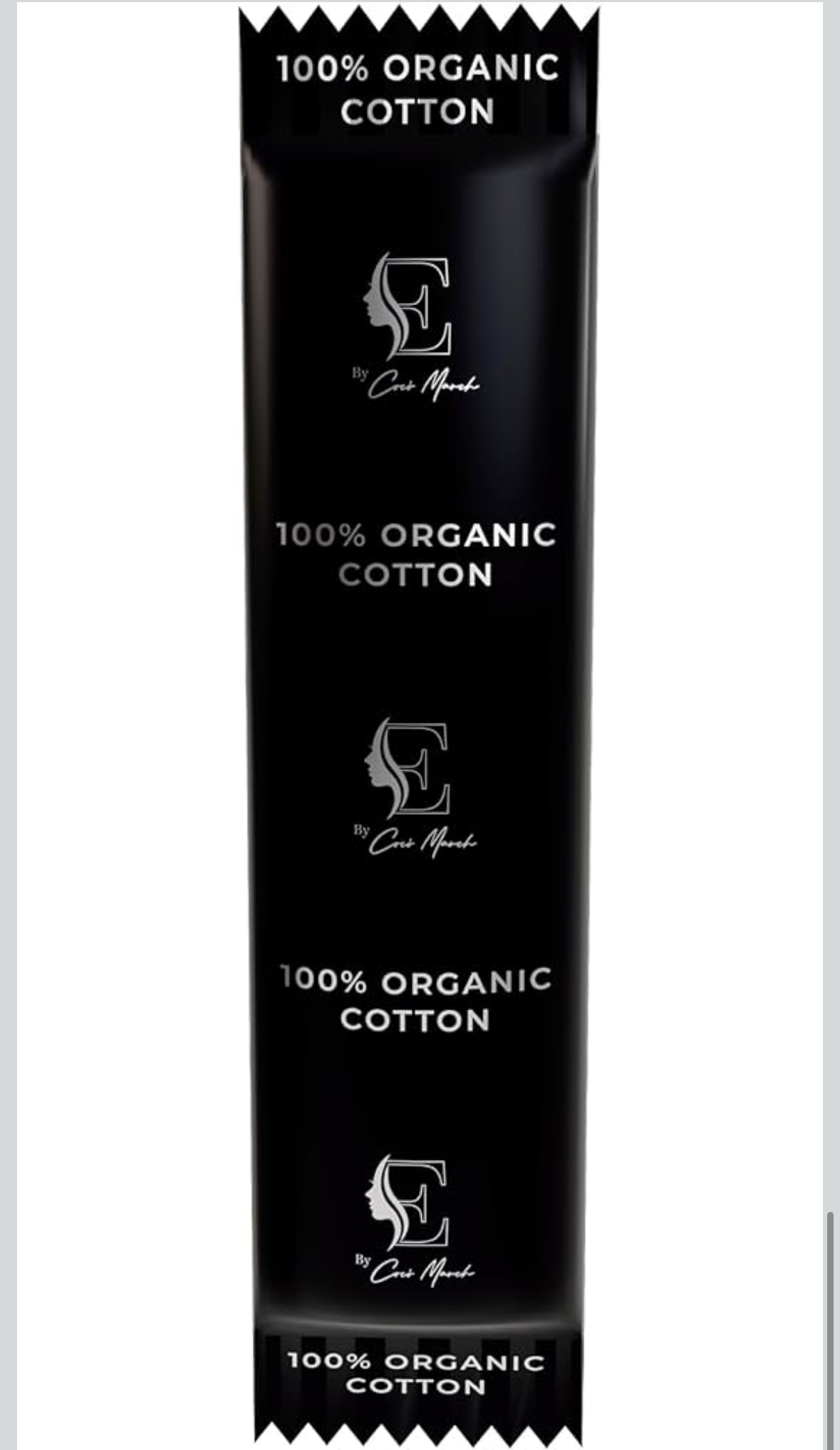 Black packaging labeled '100% Organic Cotton' with a brand logo on a white background.
