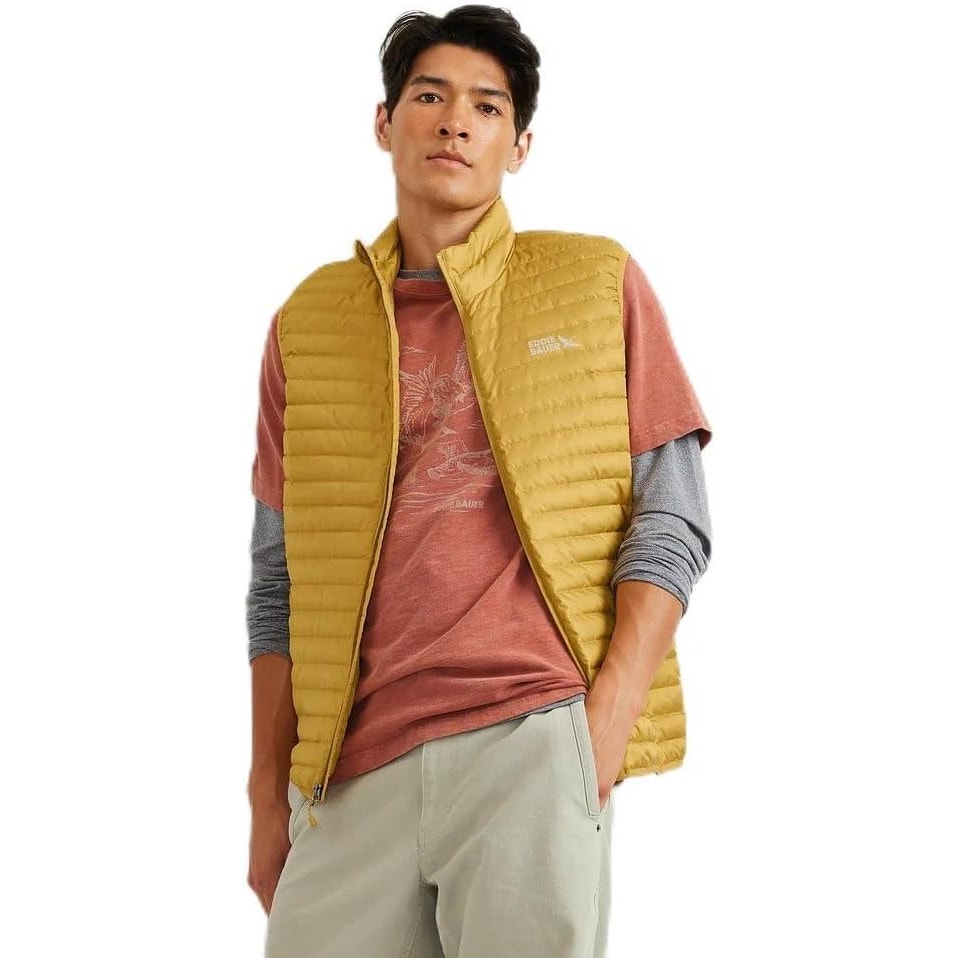 New Eddie Bauer Mens Large Gold Yellow Microlight 650 FP Down Zip Up Puffer Vest