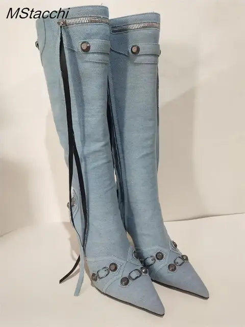 New Metal Rivet Women High Knee Boots Pointed Toe Thin Heels Designer Shoes Party Tassels Zipper-Sid Long Botas De Mujer