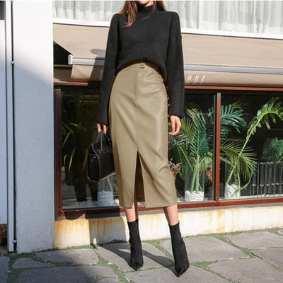 Fashionable Leather Skirt Khaki Blue Coffee Color Pu Medium Long High Waist Long Skirt