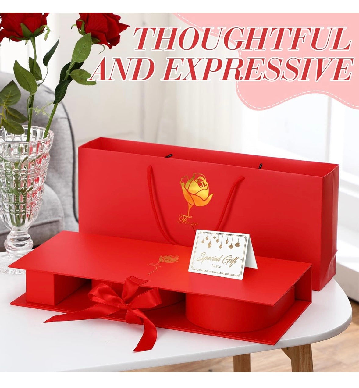 "I Love You" Box Cardboard 3 Fillable Flower Box 3 Gift Bags 3 Greeting Cards Raffia Paper Shreds for DIY Valentine's Day Wedding Bridal Shower Birthday Chocolate Gifts Packaging
