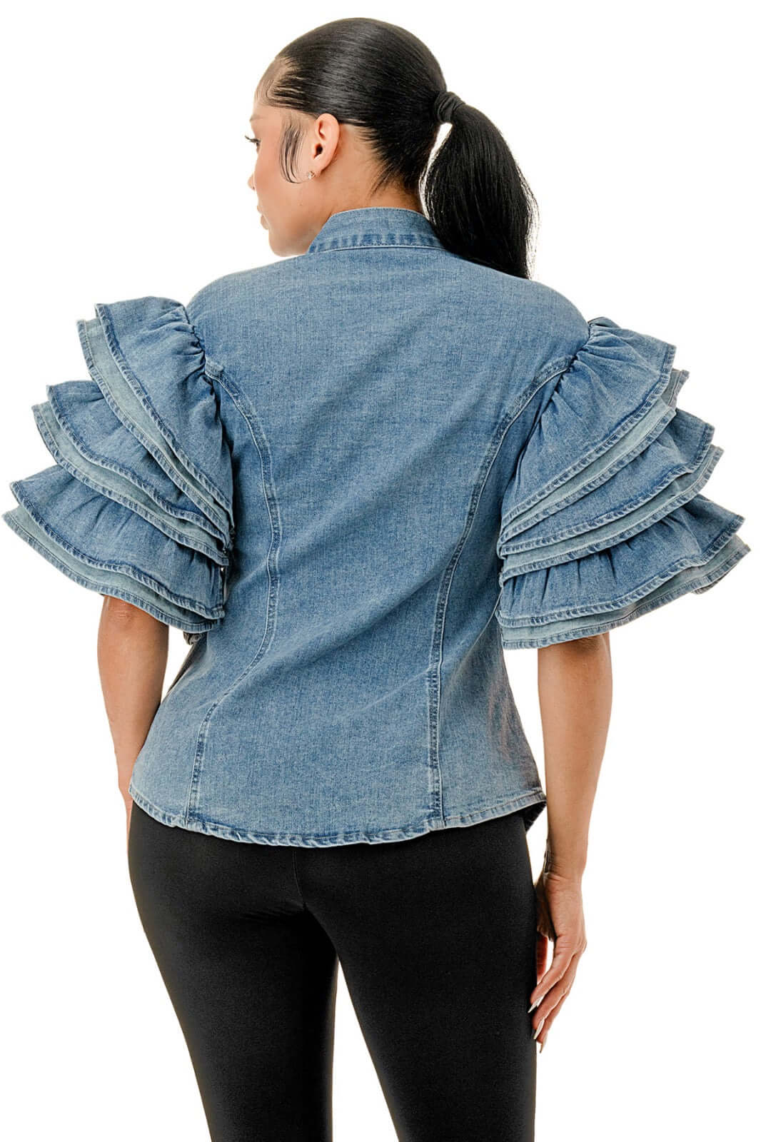 Denim Bow Blouse with Ruffle Sleeves {GREAT STRETCH}