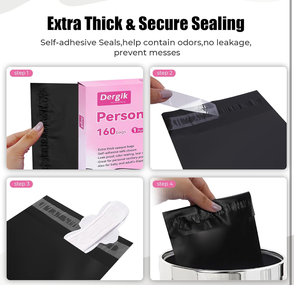 Product images with text about extra thick and secure sealing, displayed on a smartphone screen.