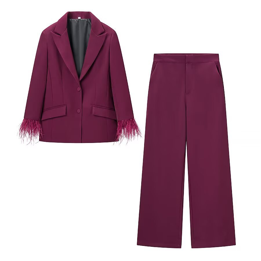 Feather Decorated High-Waisted Pants Set