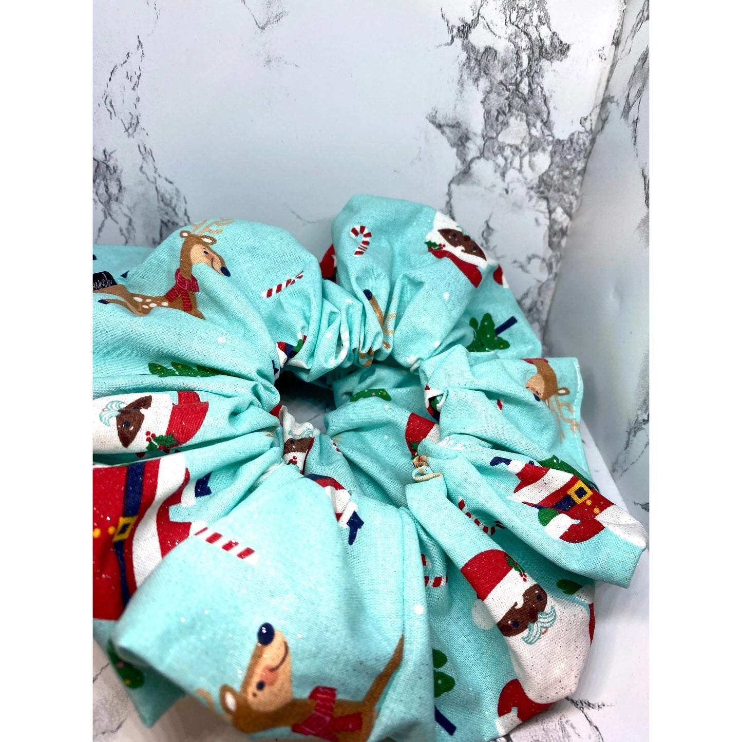 Blue Santa and Reindeer Christmas Scrunchie