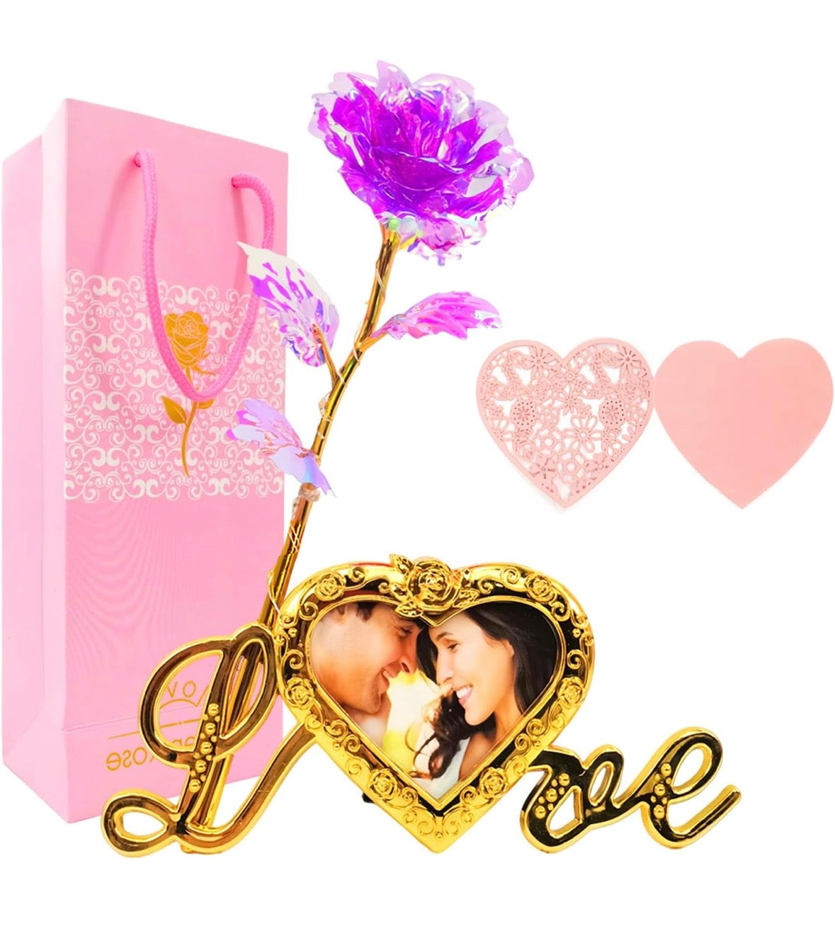 24K Gold Rose Gift For Her with Love Picture Frame Stand, Artificial Rose Flowers Gift