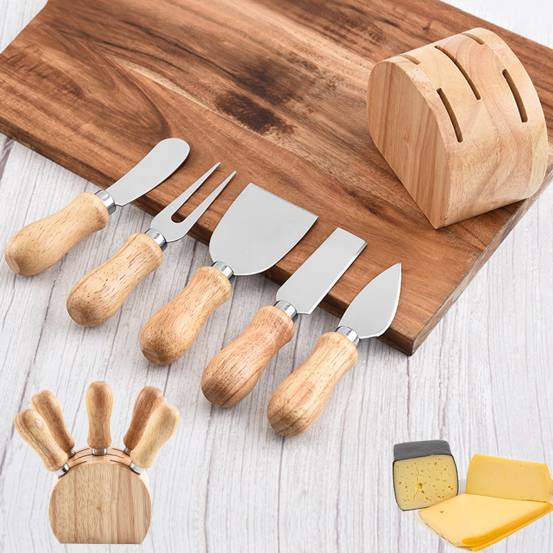 Stainless Steel Cheese Butter Spatula 5-Piece Gift Set Rubber Wooden Knife Socket