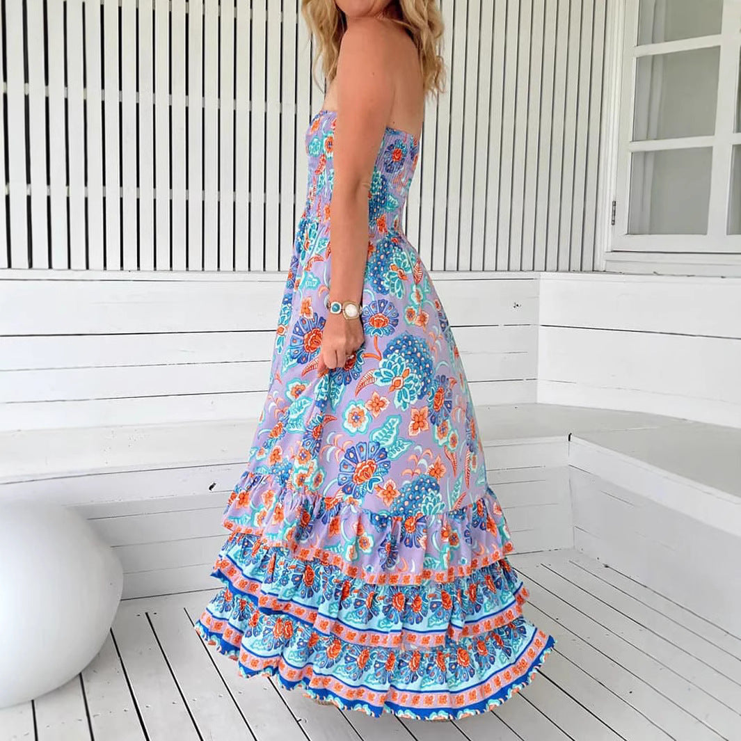 Style Sexy Fitted Multi-layer Ruffle Tiered Strapless Long Dress for Women