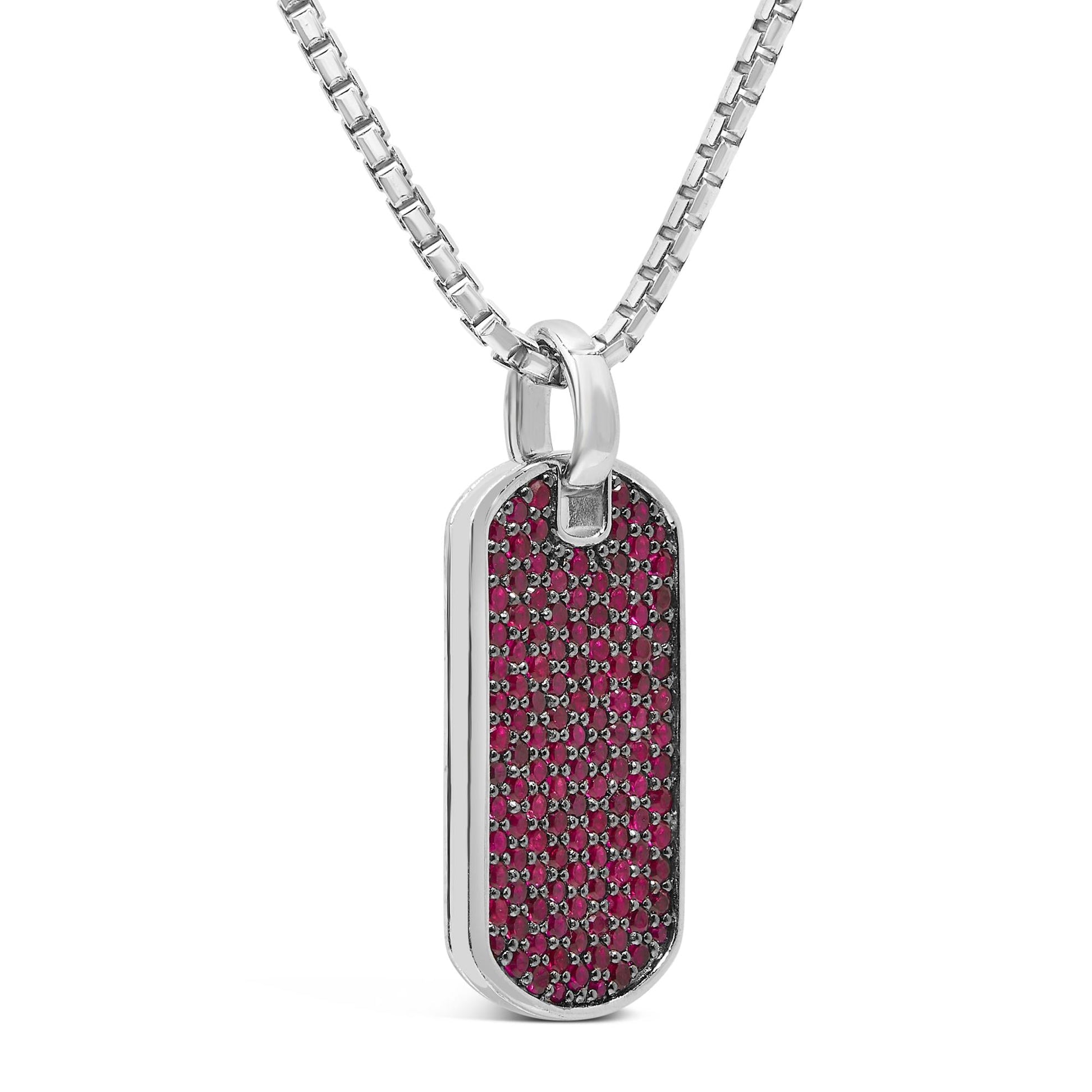 Men's .925 Sterling Silver Created Red Ruby Dog Tag Pendant Necklace - 22" Inches-3