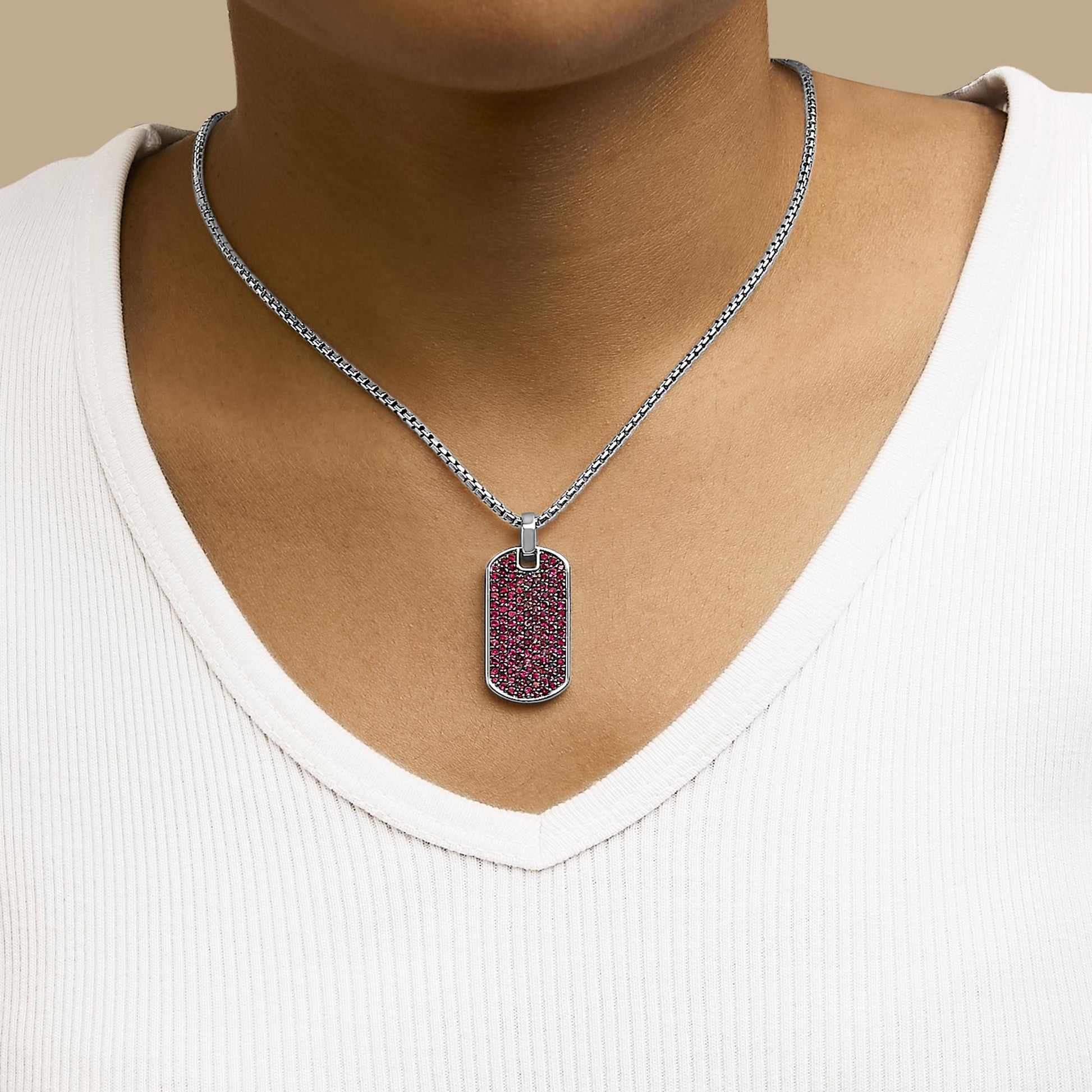 Men's .925 Sterling Silver Created Red Ruby Dog Tag Pendant Necklace - 22" Inches-2