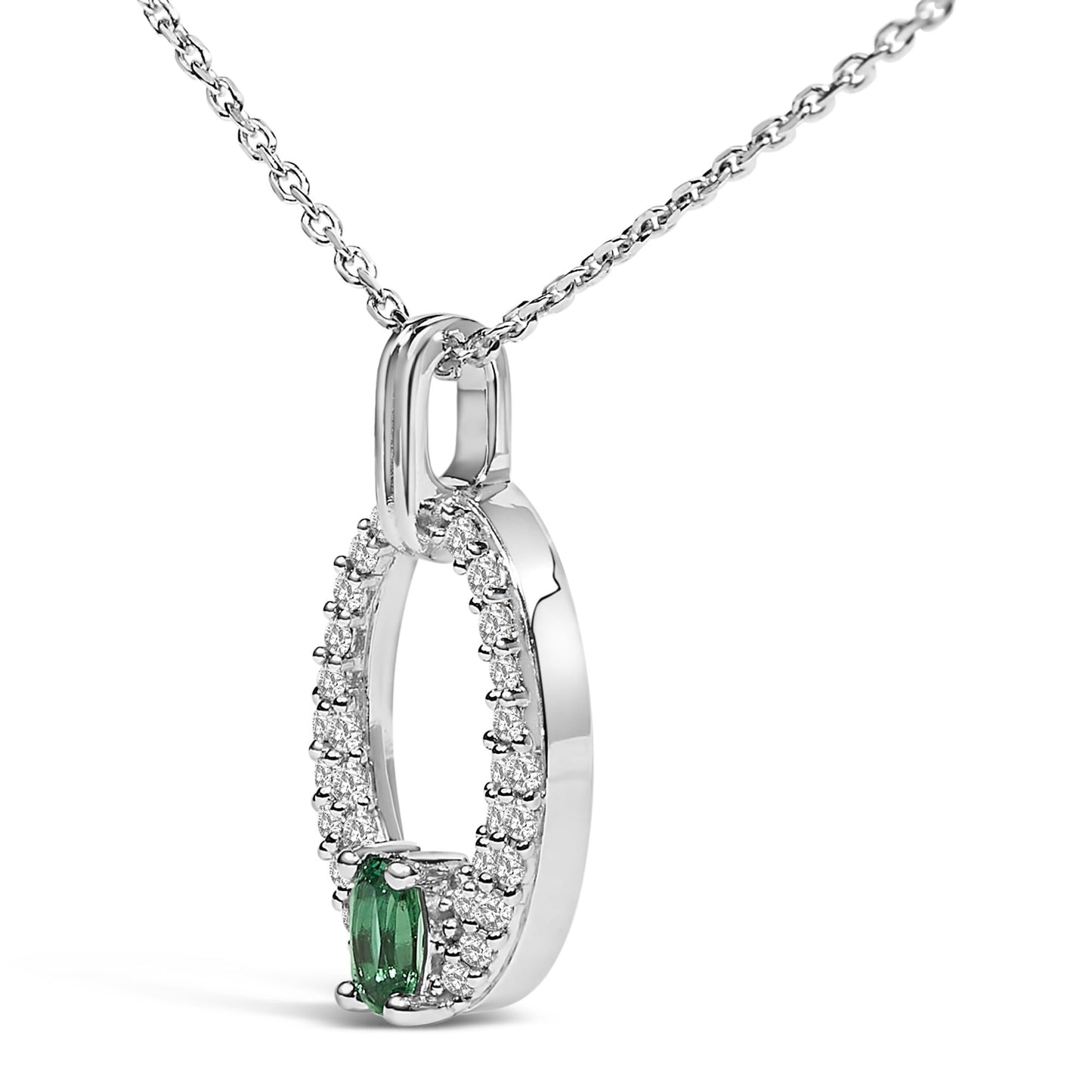 .925 Sterling Silver Created Green Emerald and White Sapphire Oval Shaped Pendant Necklace - 18" Inches-3