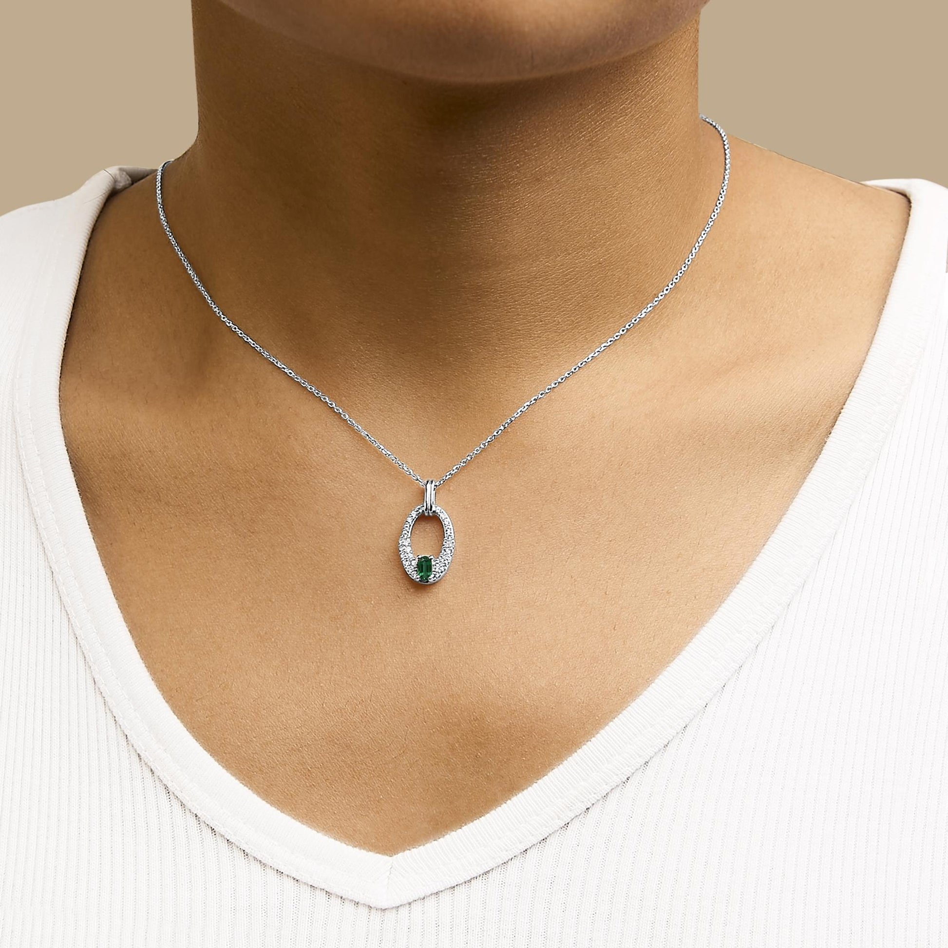 .925 Sterling Silver Created Green Emerald and White Sapphire Oval Shaped Pendant Necklace - 18" Inches-2