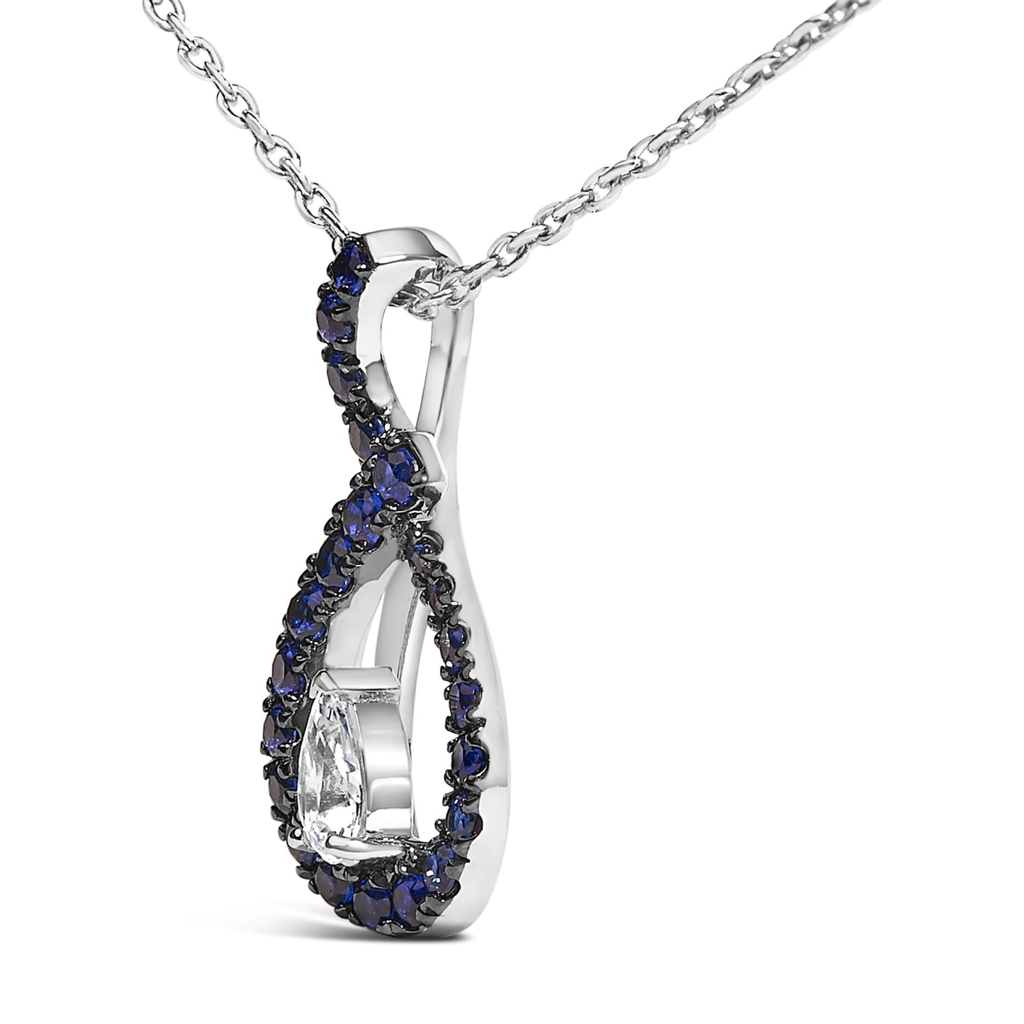 .925 Sterling Silver Created Blue and White Sapphire Teardrop Shaped Pendant Necklace - 18" Inches-3