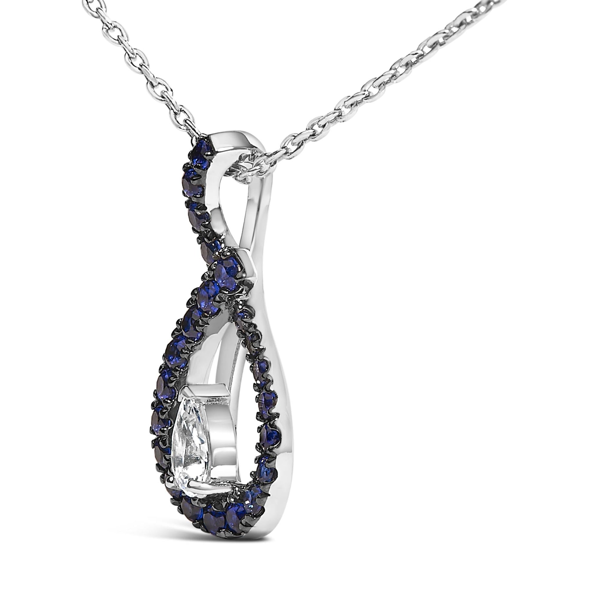 .925 Sterling Silver Created Blue and White Sapphire Teardrop Shaped Pendant Necklace - 18" Inches-3