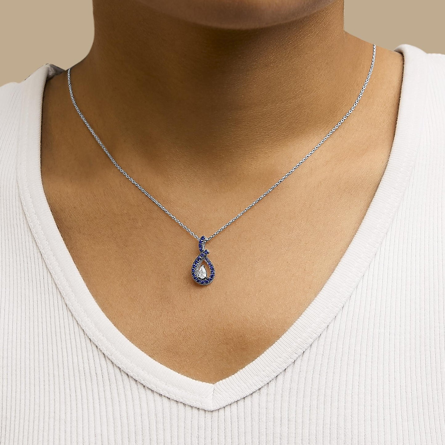 .925 Sterling Silver Created Blue and White Sapphire Teardrop Shaped Pendant Necklace - 18" Inches-2