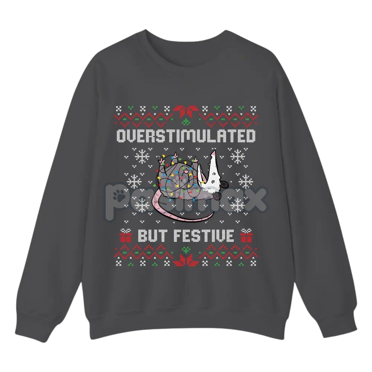 Funny Opossum Christmas Sweatshirt – "Overstimulated But Festive" Ugly Holiday Top